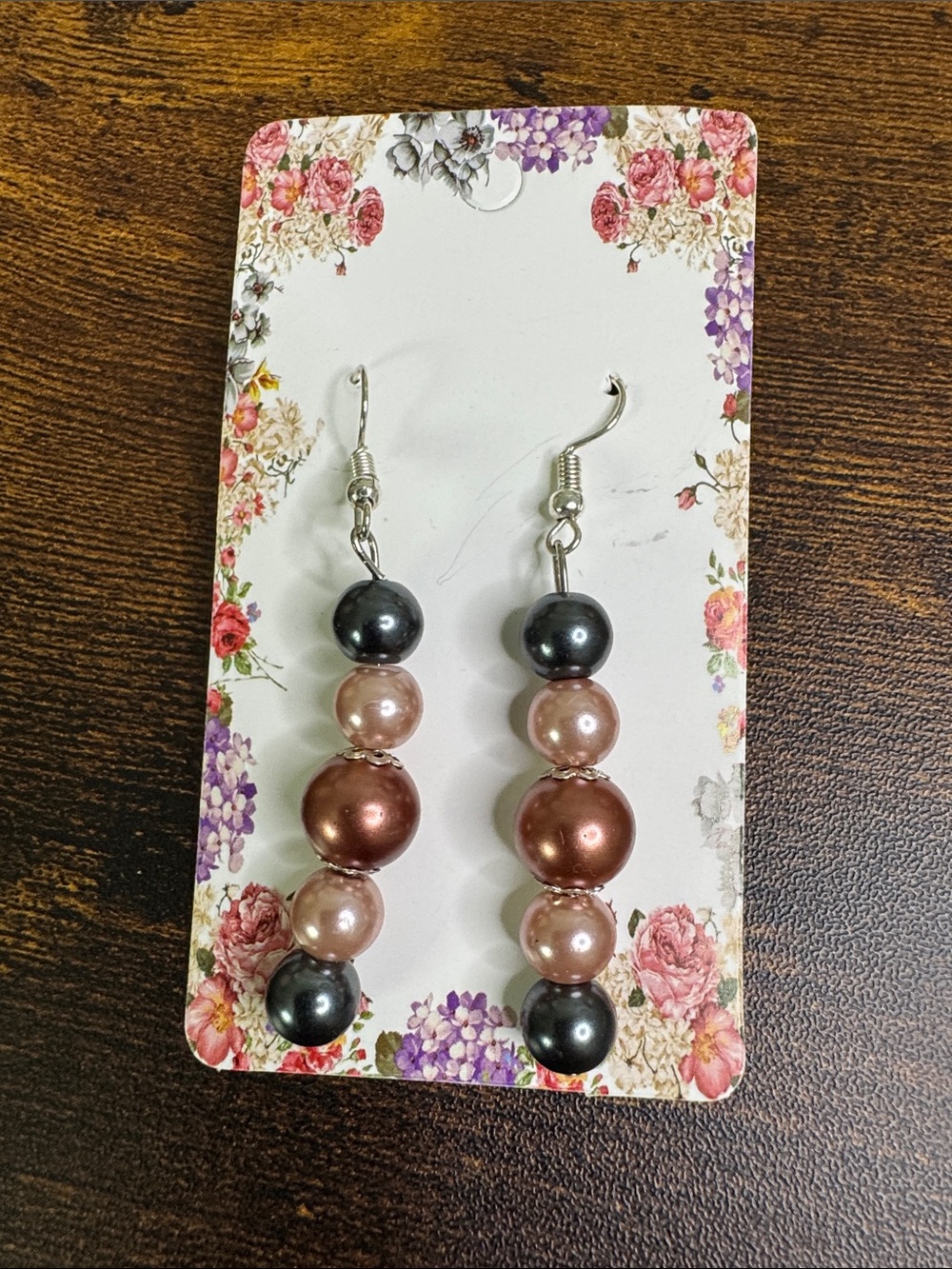 Hand Crafted Bronze, Pink & Black Beaded Glass Pearl Drop Earrings